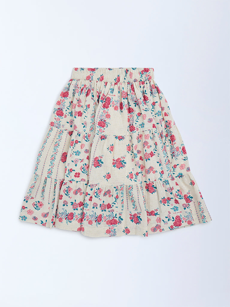 Utsa Kids Girls Off-White Floral Pattern Cotton-Blend Tiered Skirt - (2 - 8yrs)
