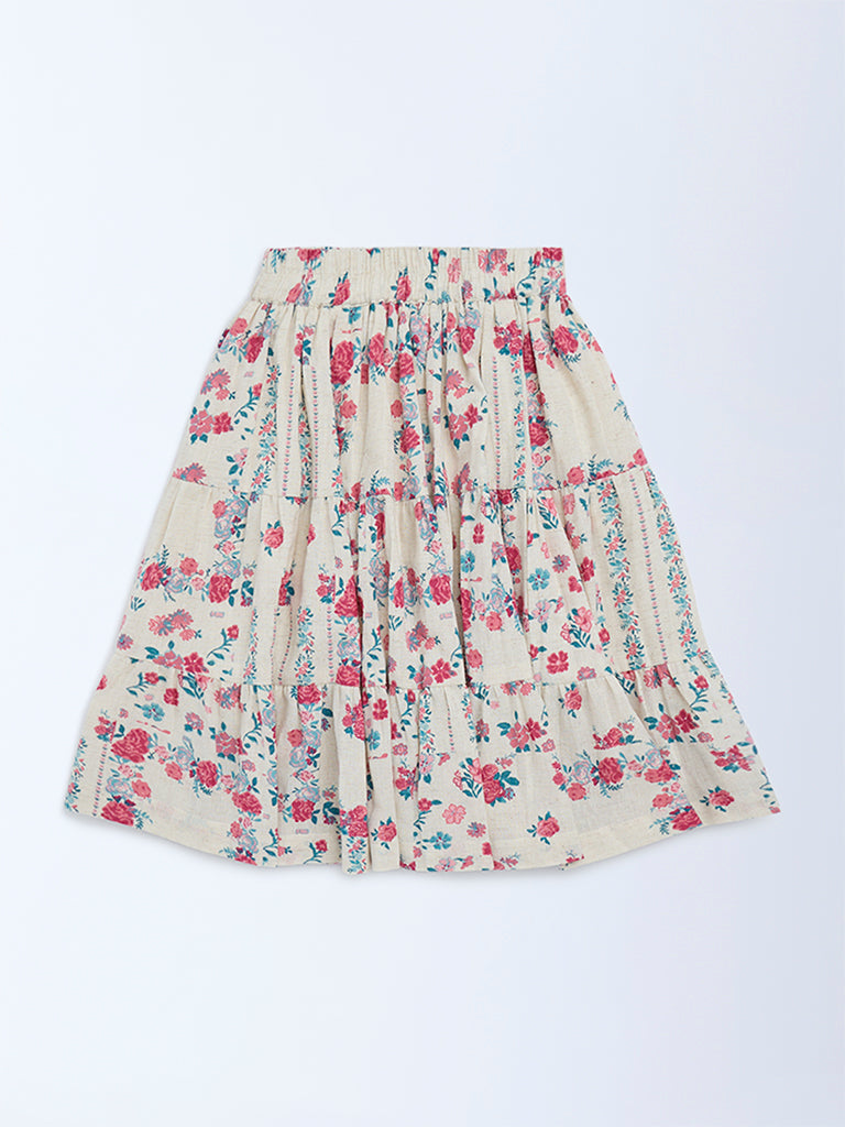 Utsa Kids Girls Off-White Floral Pattern Cotton-Blend Tiered Skirt - (2 - 8yrs)