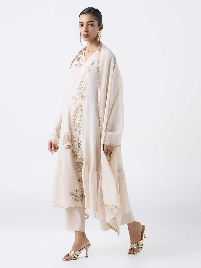 Vark Beige Floral Embroidered A-Line Ethnic Set