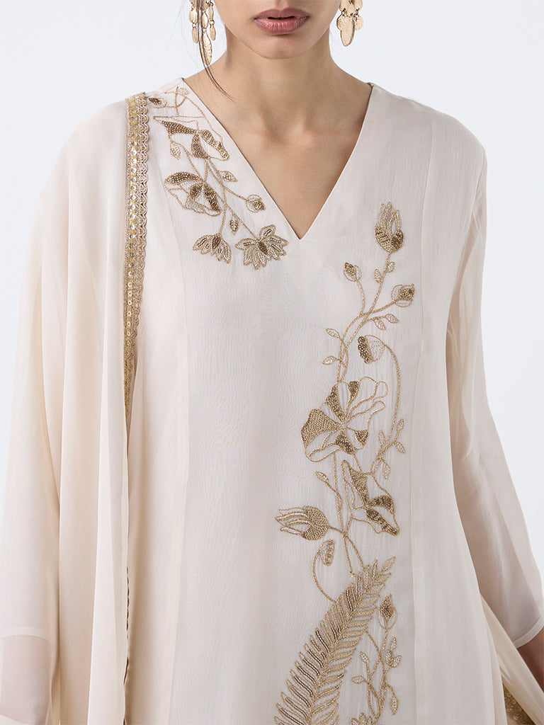 Vark Beige Floral Embroidered A-Line Ethnic Set