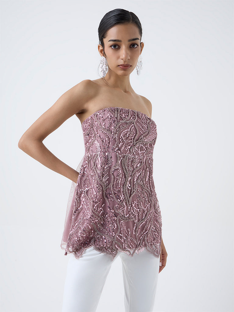 Vark Blush Pink Embellished Peplum Top