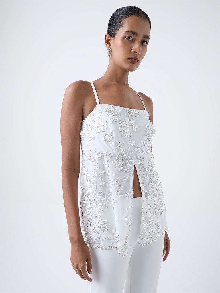 Vark White Floral Embellished Top