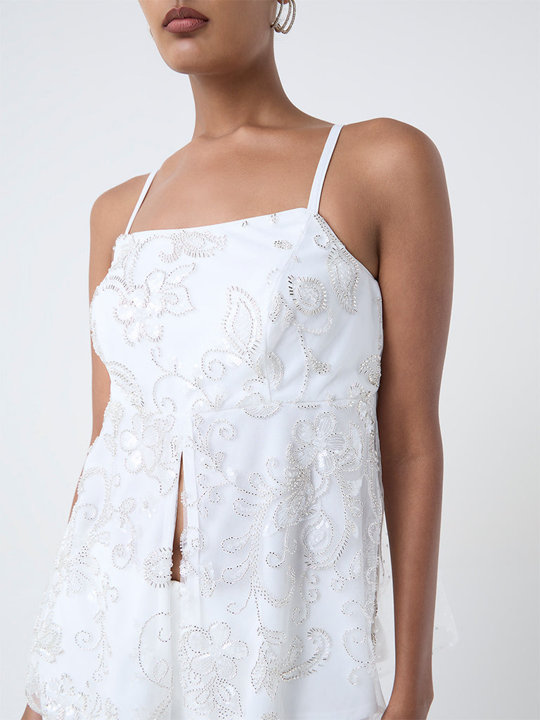 Vark White Floral Embellished Top