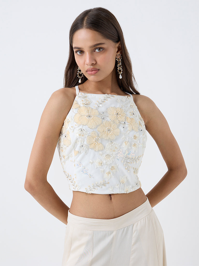 Vark Off-White Floral Embellished Blouse