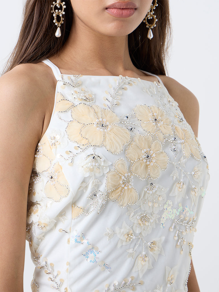 Vark Off-White Floral Embellished Blouse