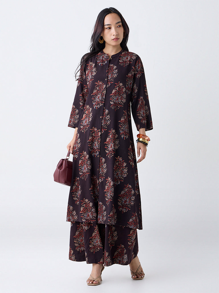 Utsa Black Boota Foliage Pattern A-Line Kurta