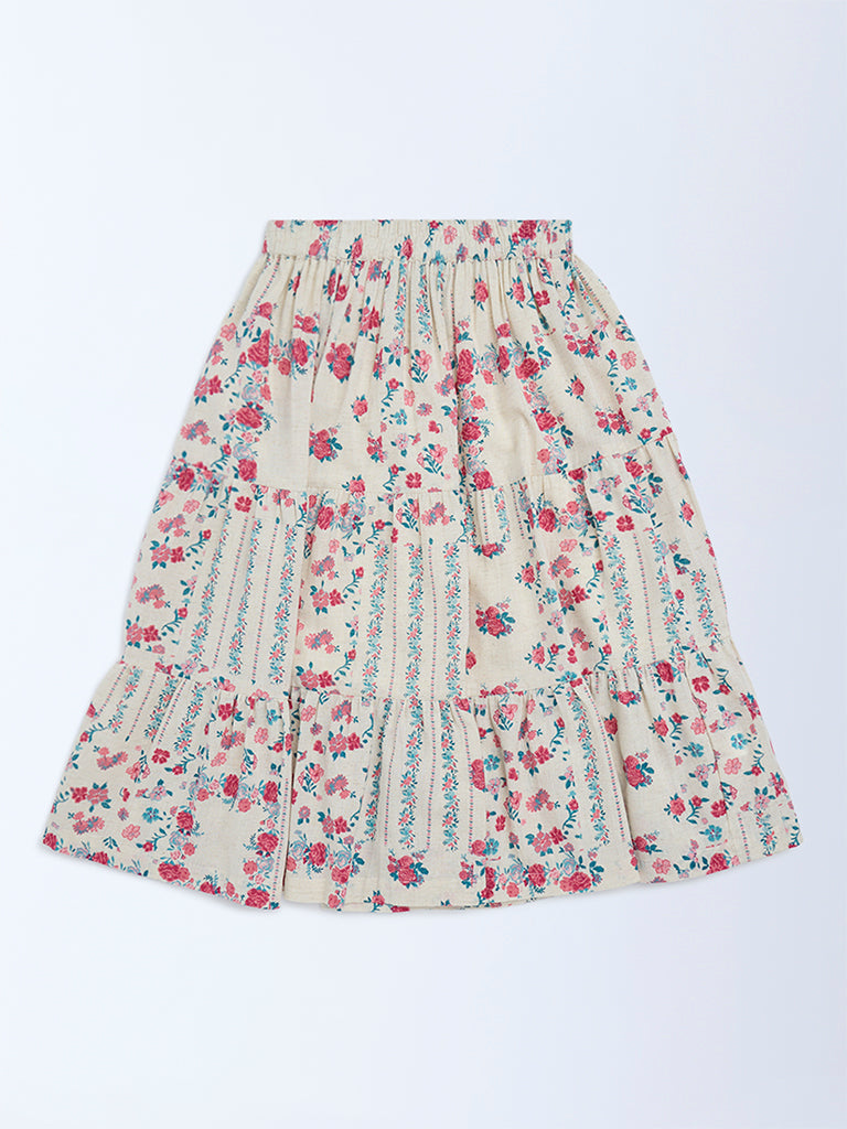 Utsa Kids Girls Off-White Floral Pattern Cotton-Blend Tiered Skirt - (8-14 yrs)