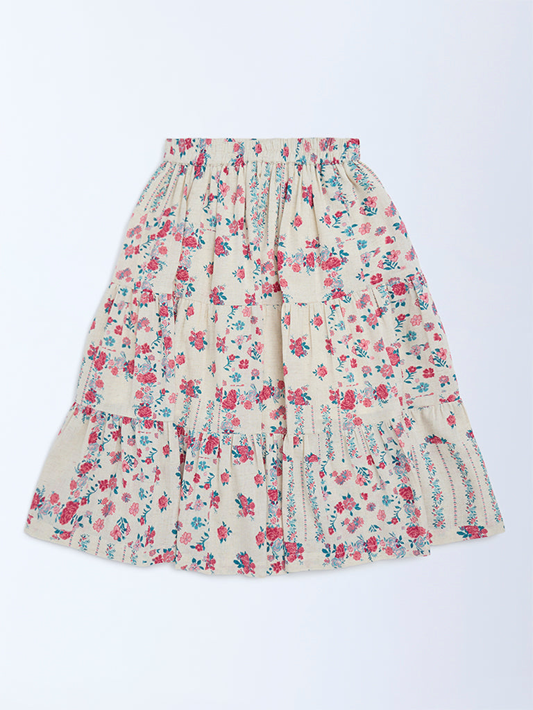 Utsa Kids Girls Off-White Floral Pattern Cotton-Blend Tiered Skirt - (8-14 yrs)