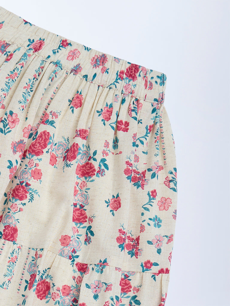 Utsa Kids Girls Off-White Floral Pattern Cotton-Blend Tiered Skirt - (8-14 yrs)