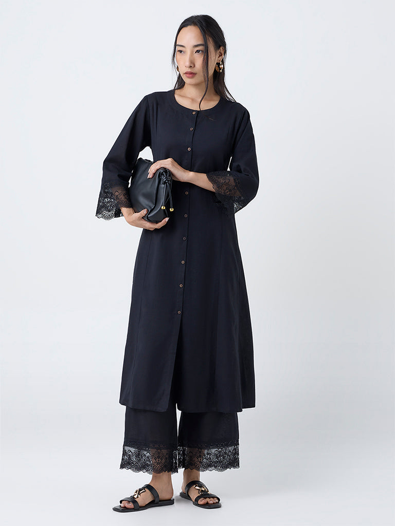 Utsa Black Lace-Detailed Cotton-Blend Ethnic Pants