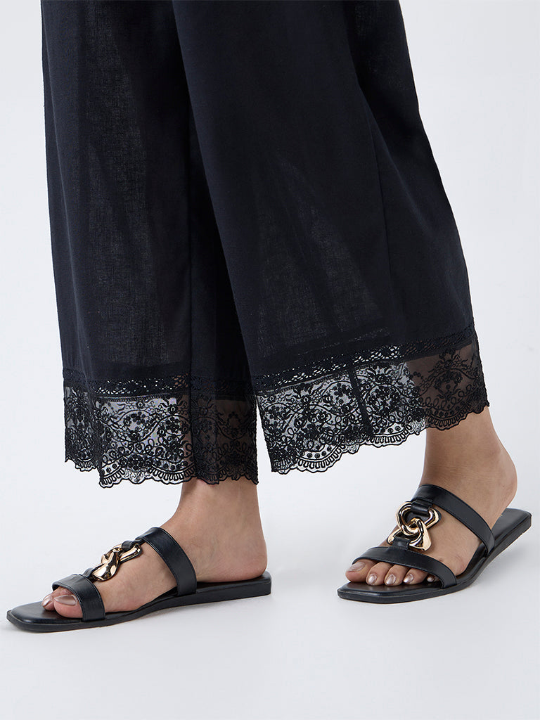 Utsa Black Lace-Detailed Cotton-Blend Ethnic Pants