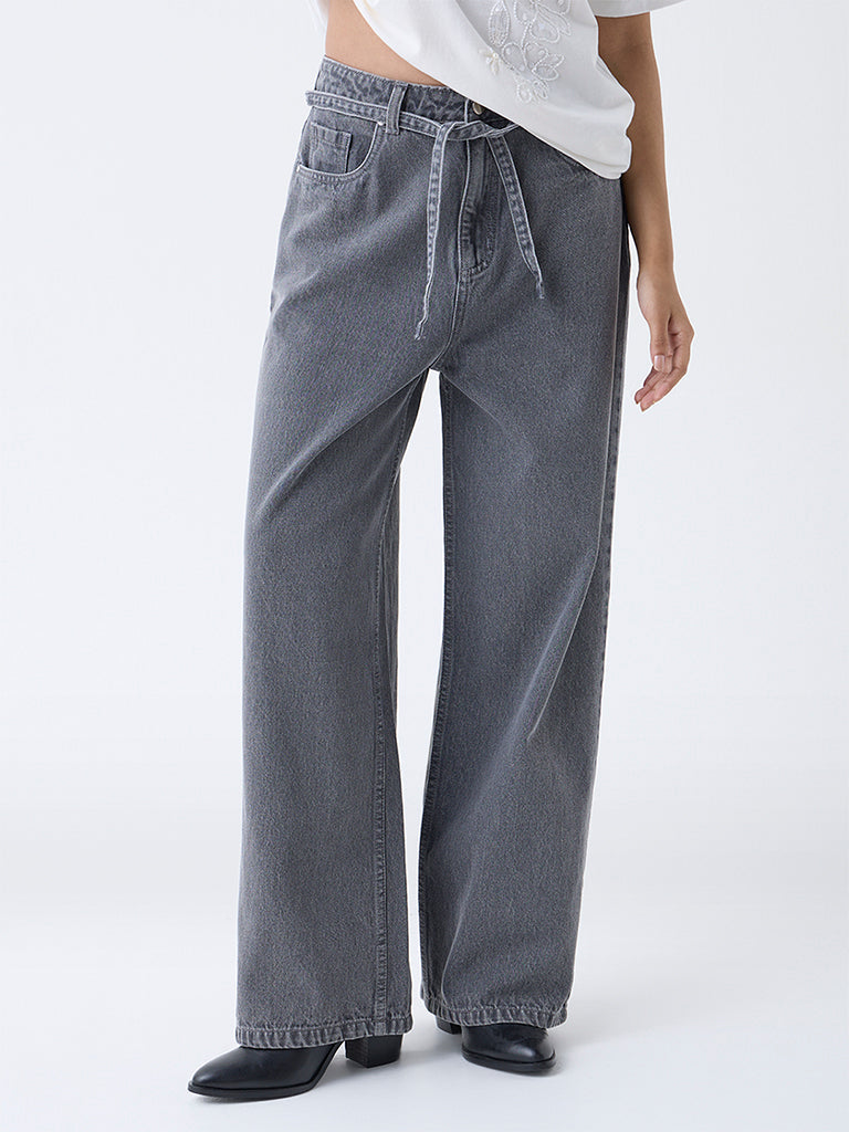 LOV Grey Wide-Leg High-Rise Jeans with Belt
