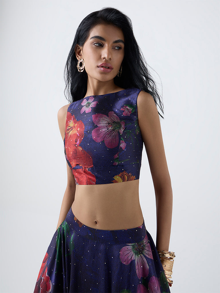 Vark Dark Blue Foliage Design Ethnic Top
