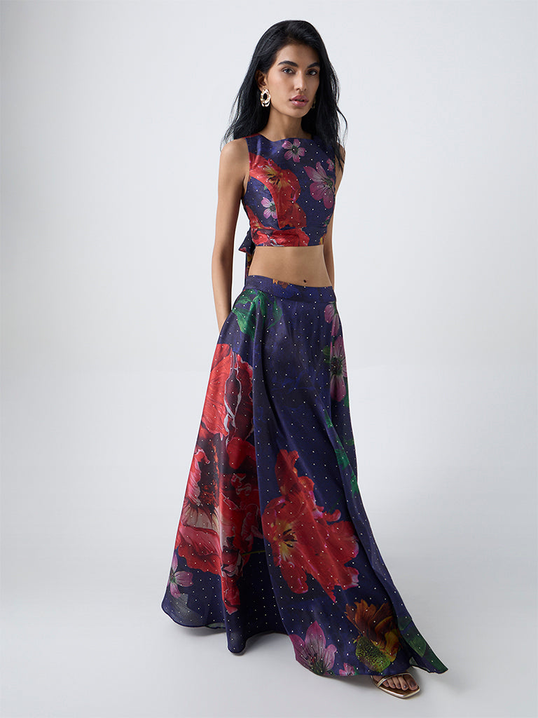 Vark Dark Blue Foliage Design Ethnic Top