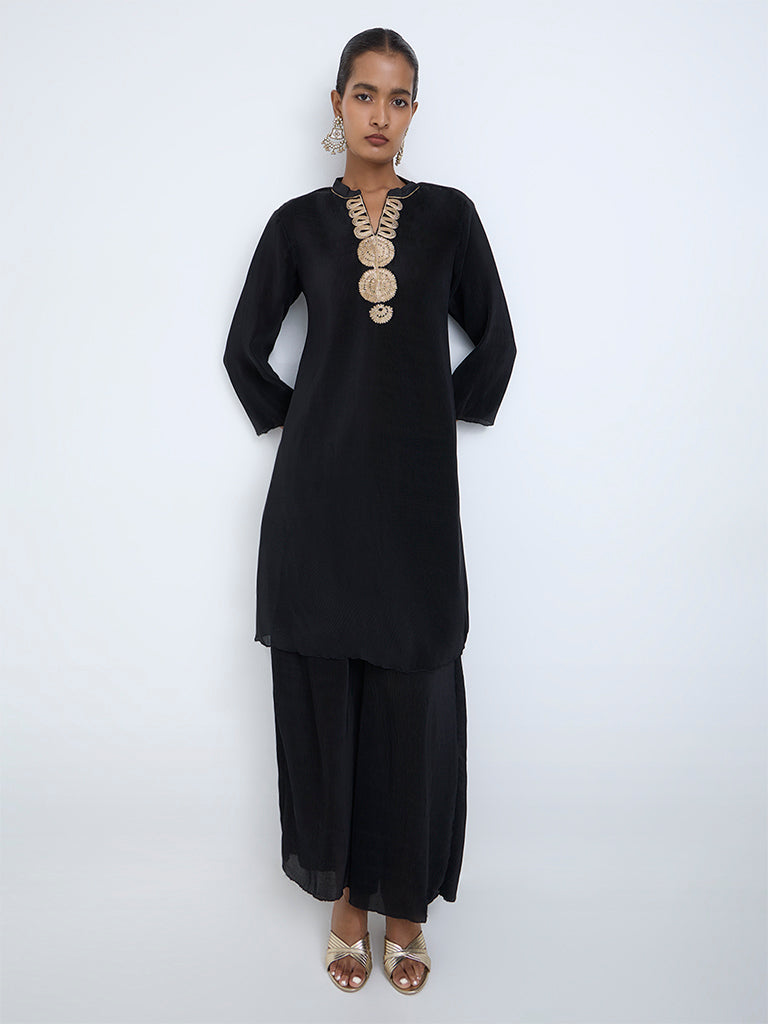 Vark Black Embroidered A-Line Ethnic Set
