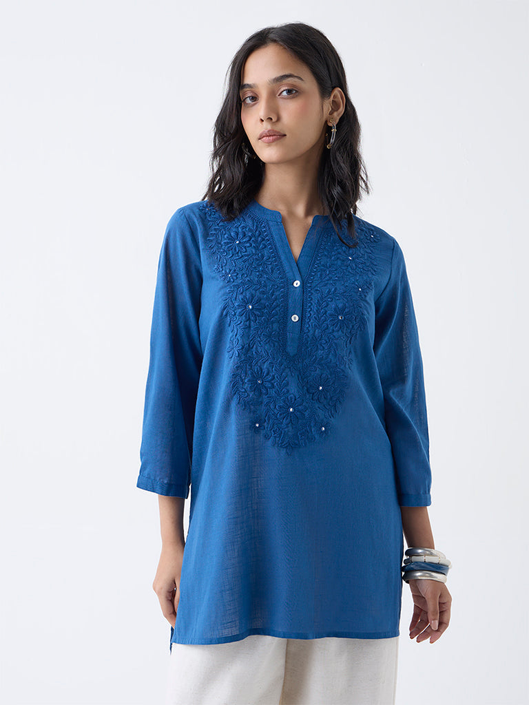 Utsa Indigo Floral Embroidered Lucknowi Cotton Tunic