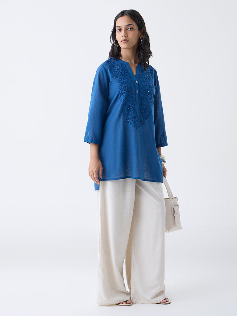 Utsa Indigo Floral Embroidered Lucknowi Cotton Tunic