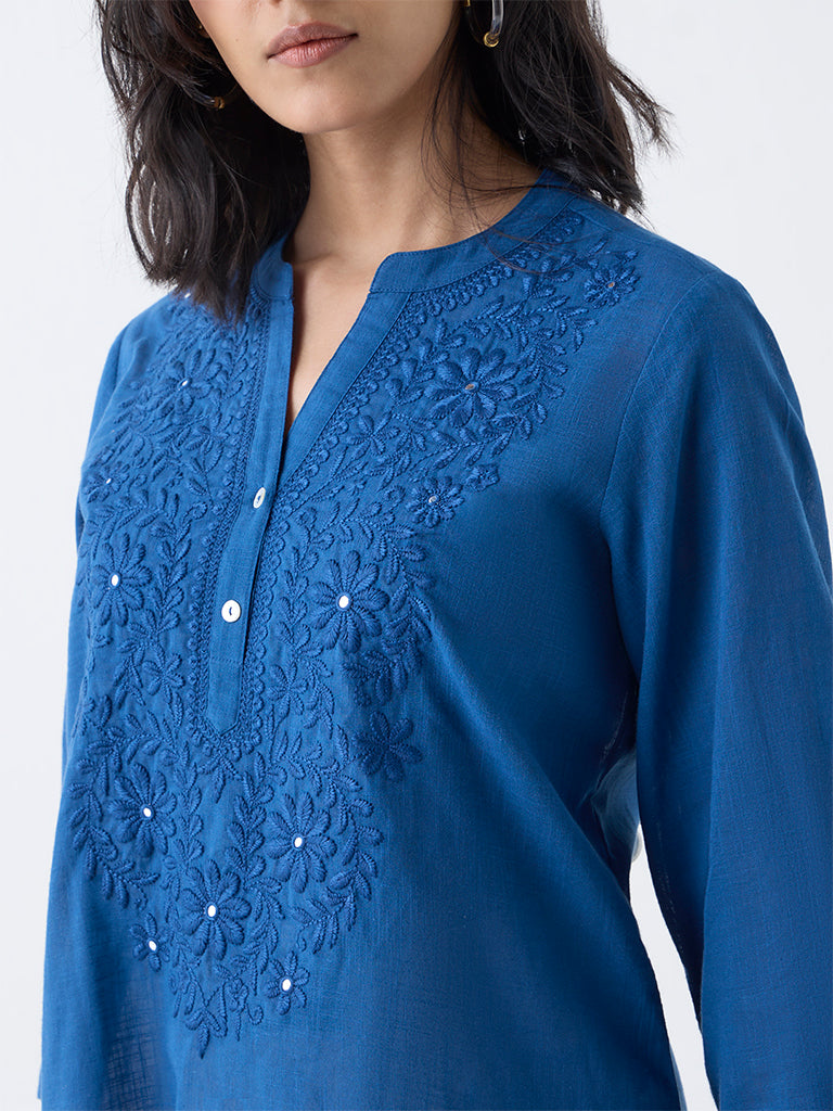 Utsa Indigo Floral Embroidered Lucknowi Cotton Tunic