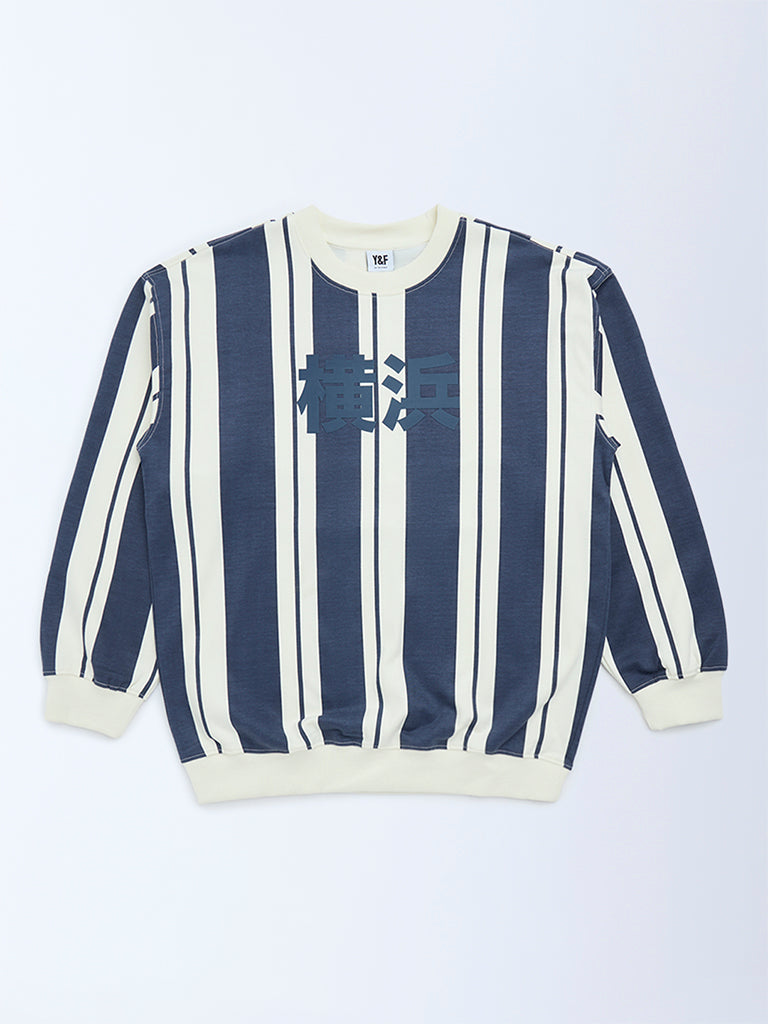 Boys Dusty Blue Striped Cotton-Blend Sweatshirt