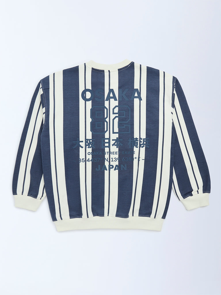 Boys Dusty Blue Striped Cotton-Blend Sweatshirt