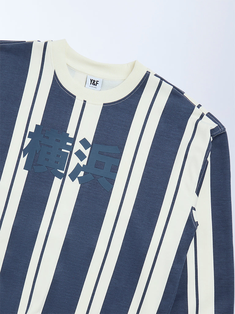 Boys Dusty Blue Striped Cotton-Blend Sweatshirt