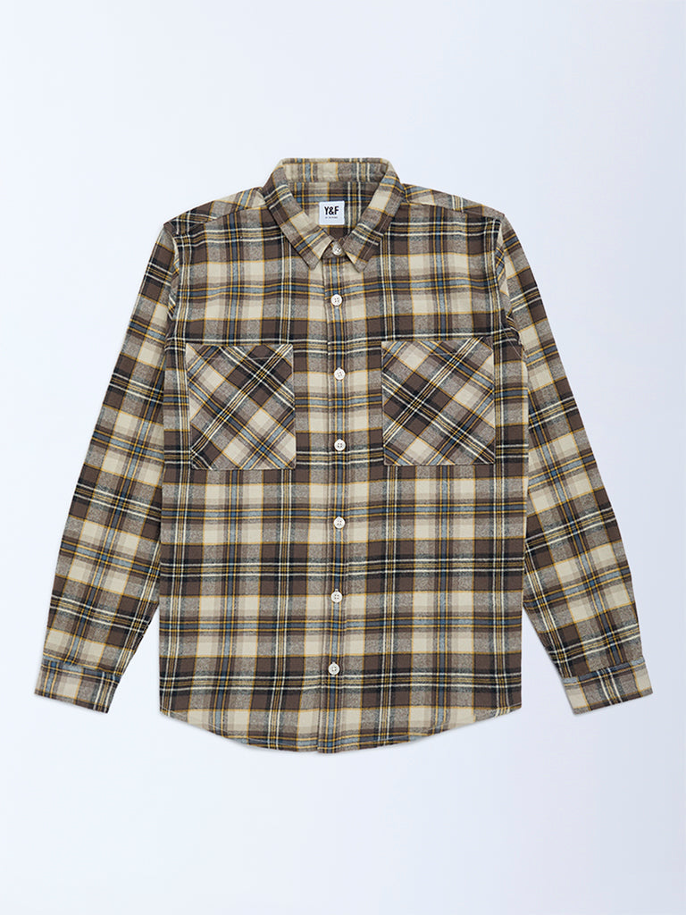 Boys Brown Checkered Cotton Shirt