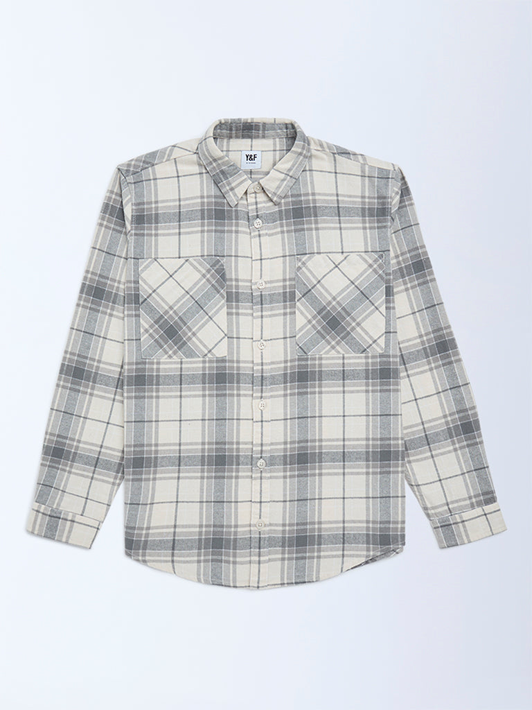 Boys Grey Checks Printed Cotton Shirt