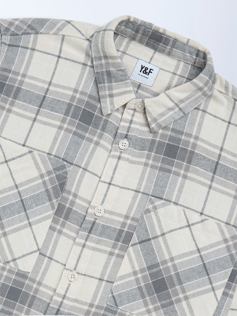 Boys Grey Checks Printed Cotton Shirt