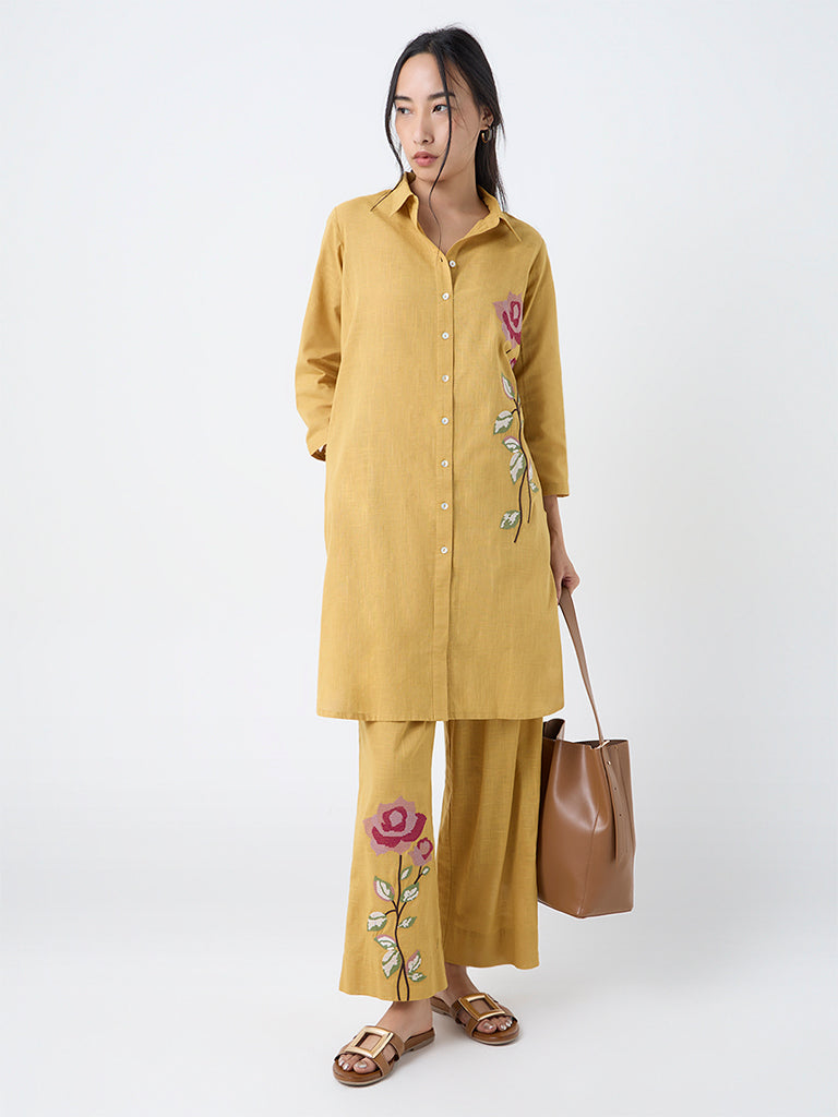 Utsa Mustard Floral Embroidered Cotton Pants