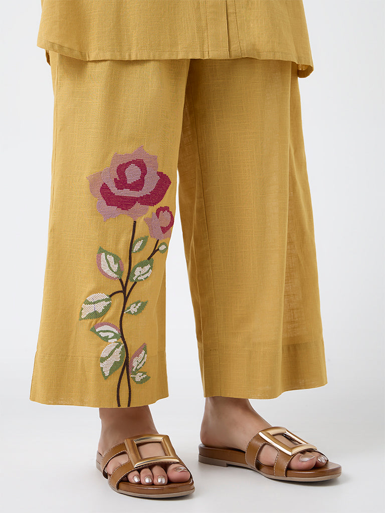 Utsa Mustard Floral Embroidered Cotton Pants