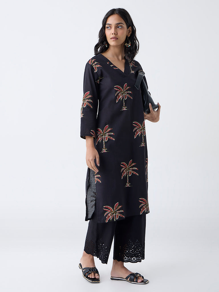 Utsa Black Nature-Inspired Cotton Straight Kurta