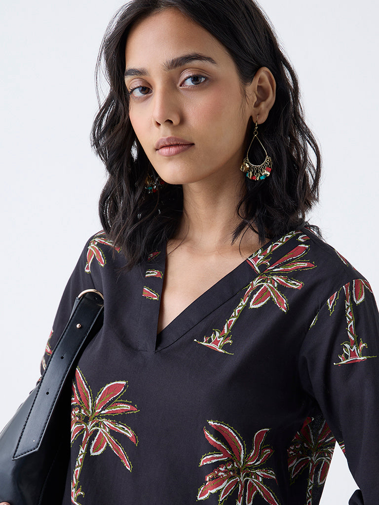 Utsa Black Nature-Inspired Cotton Straight Kurta