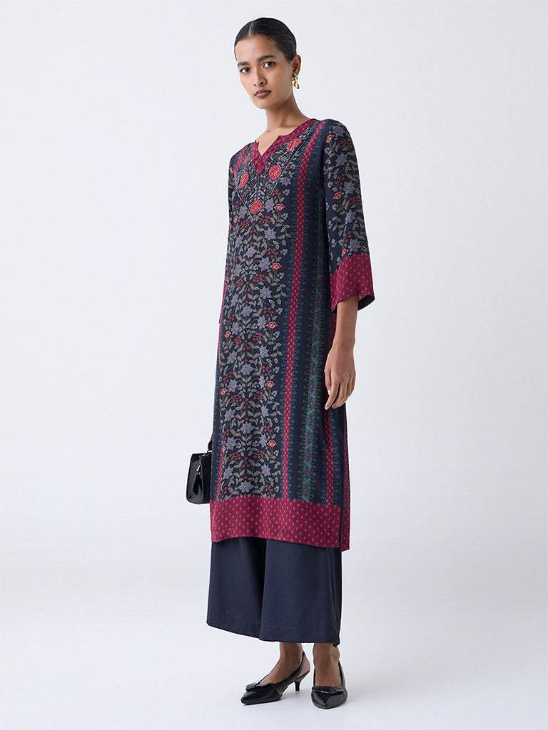 Zuba Black Floral Pattern A-Line Kurta