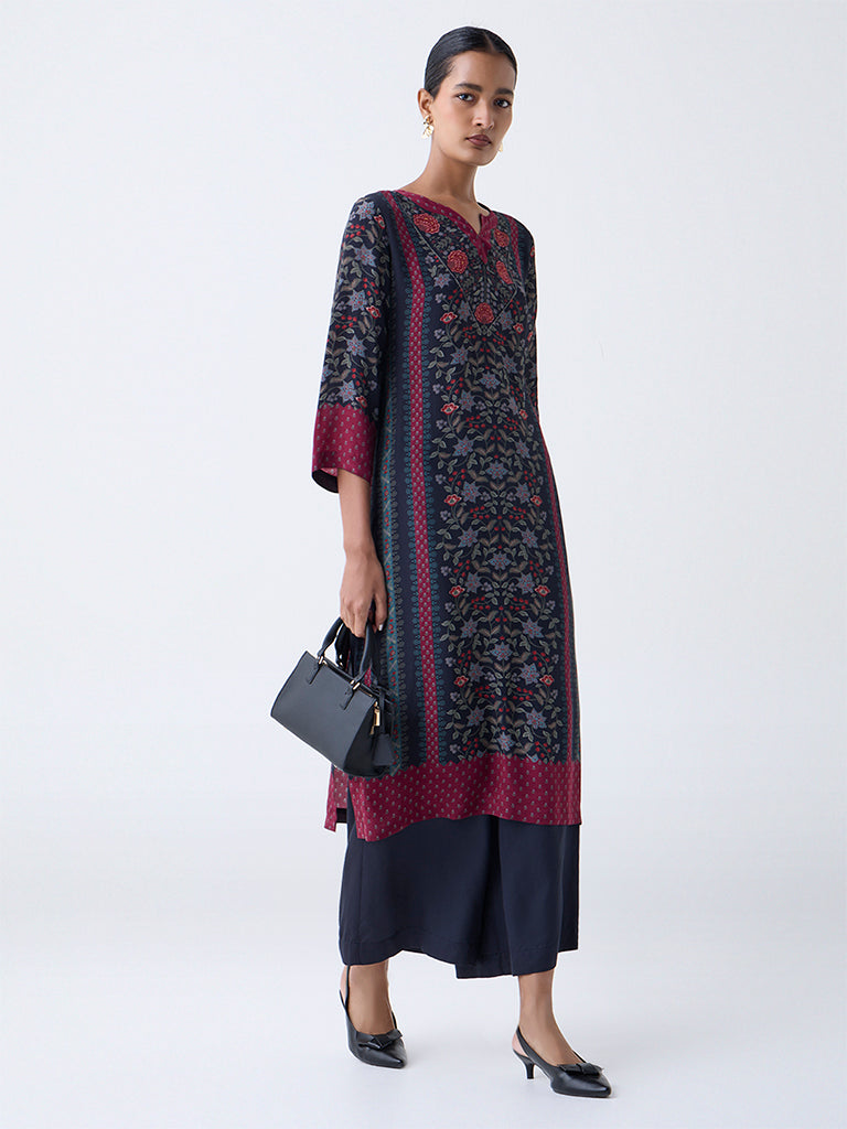 Zuba Black Floral Pattern A-Line Kurta