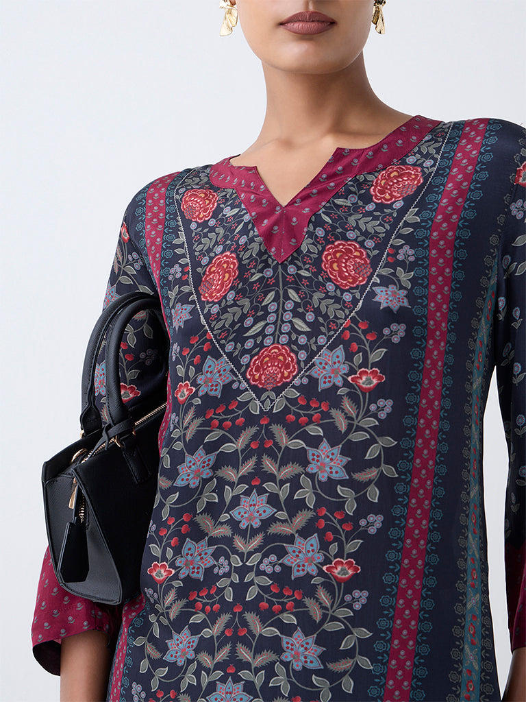 Zuba Black Floral Pattern A-Line Kurta