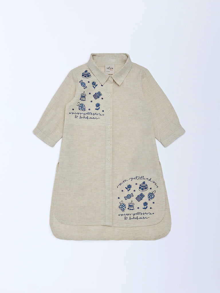 Utsa Kids Girls Beige Embroidered Cotton-Blend Tunic - (2-8 yrs)
