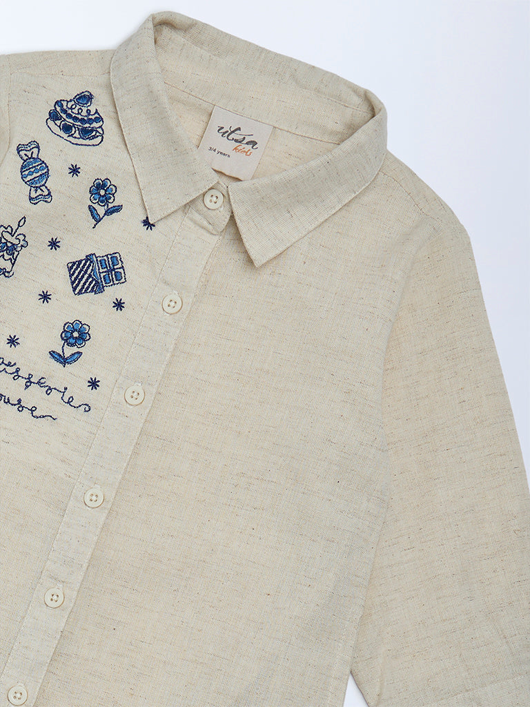 Utsa Kids Girls Beige Embroidered Cotton-Blend Tunic - (2-8 yrs)