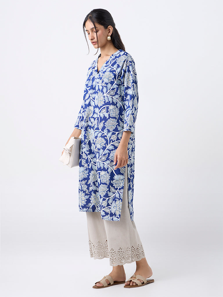 Utsa Blue Foliage Printed Cotton Straight Kurta