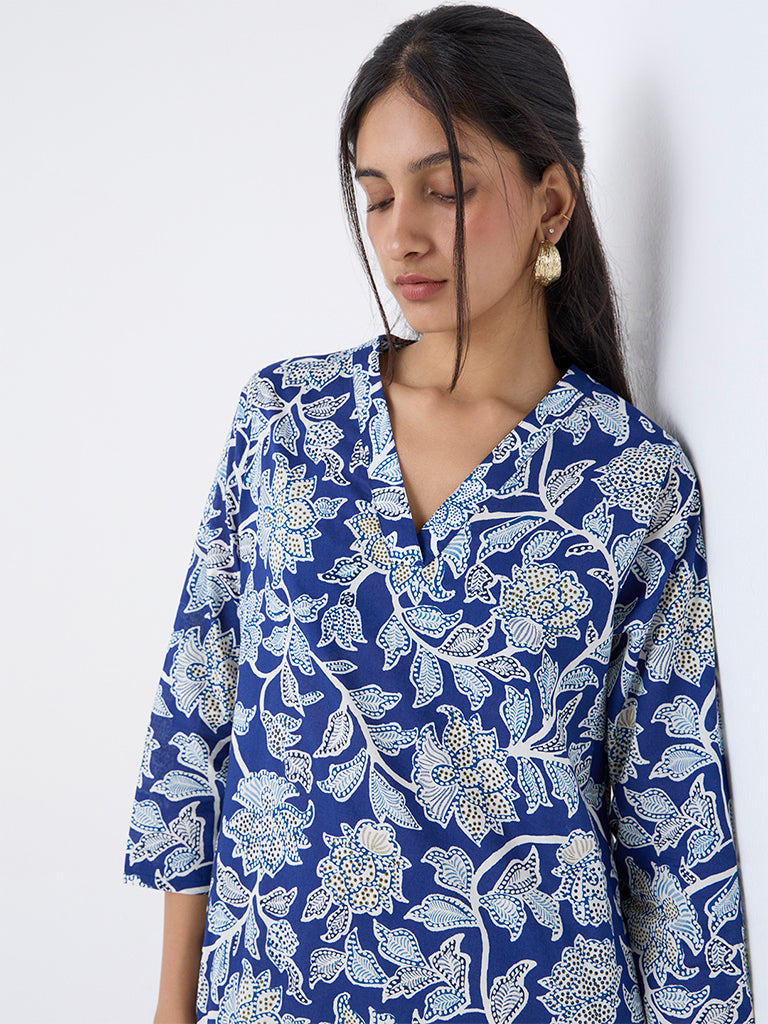 Utsa Blue Foliage Printed Cotton Straight Kurta