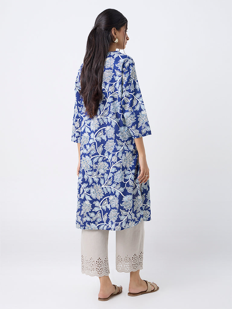 Utsa Blue Foliage Printed Cotton Straight Kurta