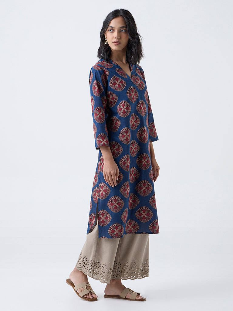 Utsa Indigo Floral Print Cotton Straight Kurta