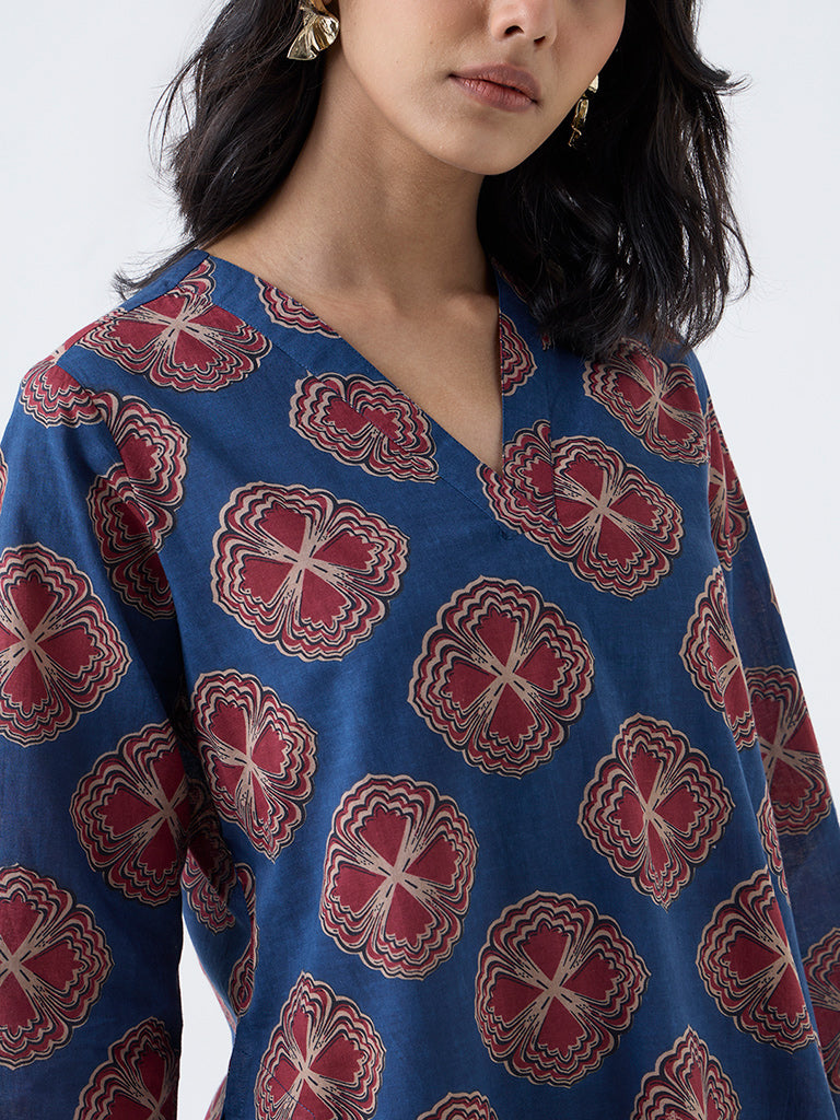 Utsa Indigo Floral Print Cotton Straight Kurta