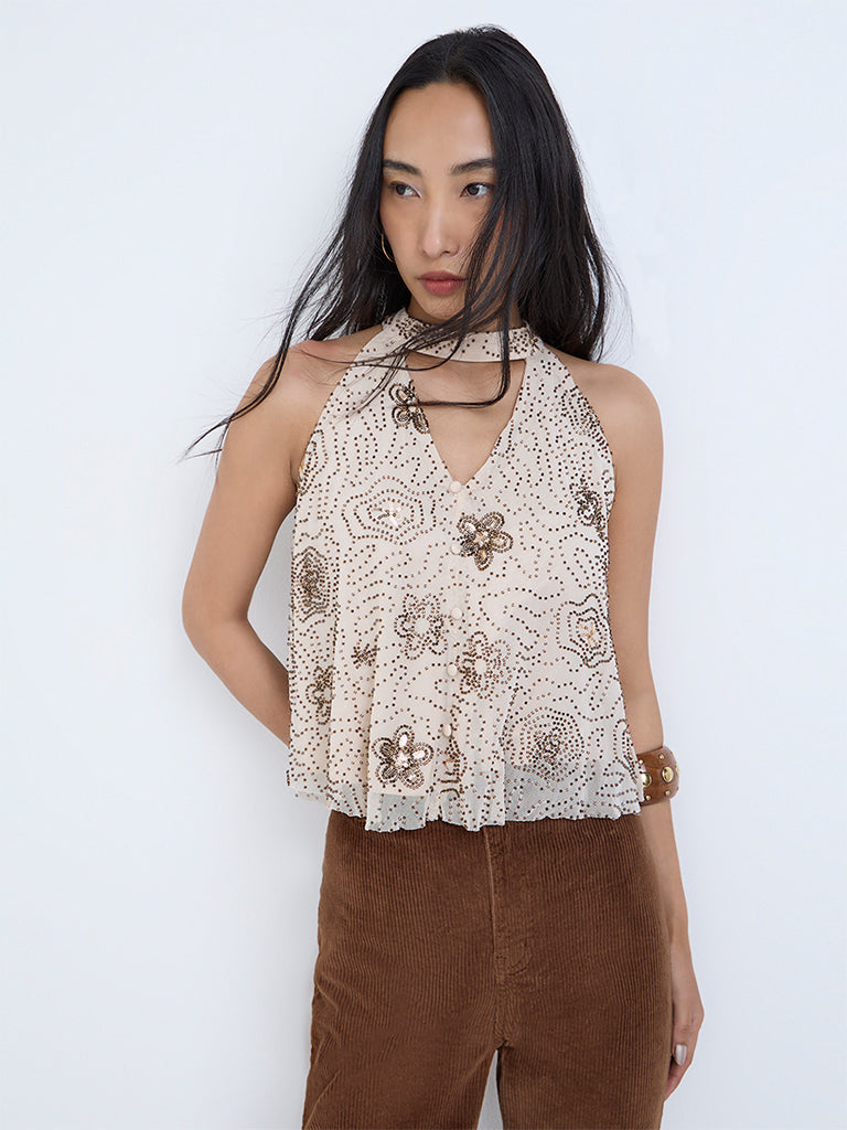 LOV Cream Embellished Halter-Neck Top