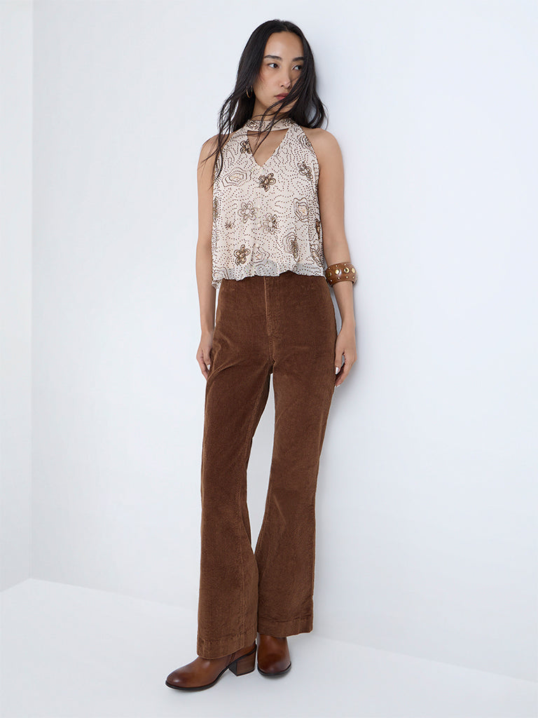 LOV Cream Embellished Halter-Neck Top