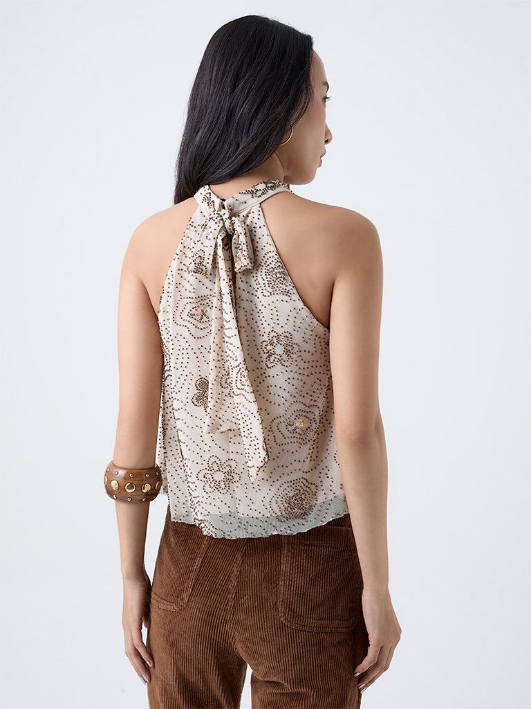 LOV Cream Embellished Halter-Neck Top