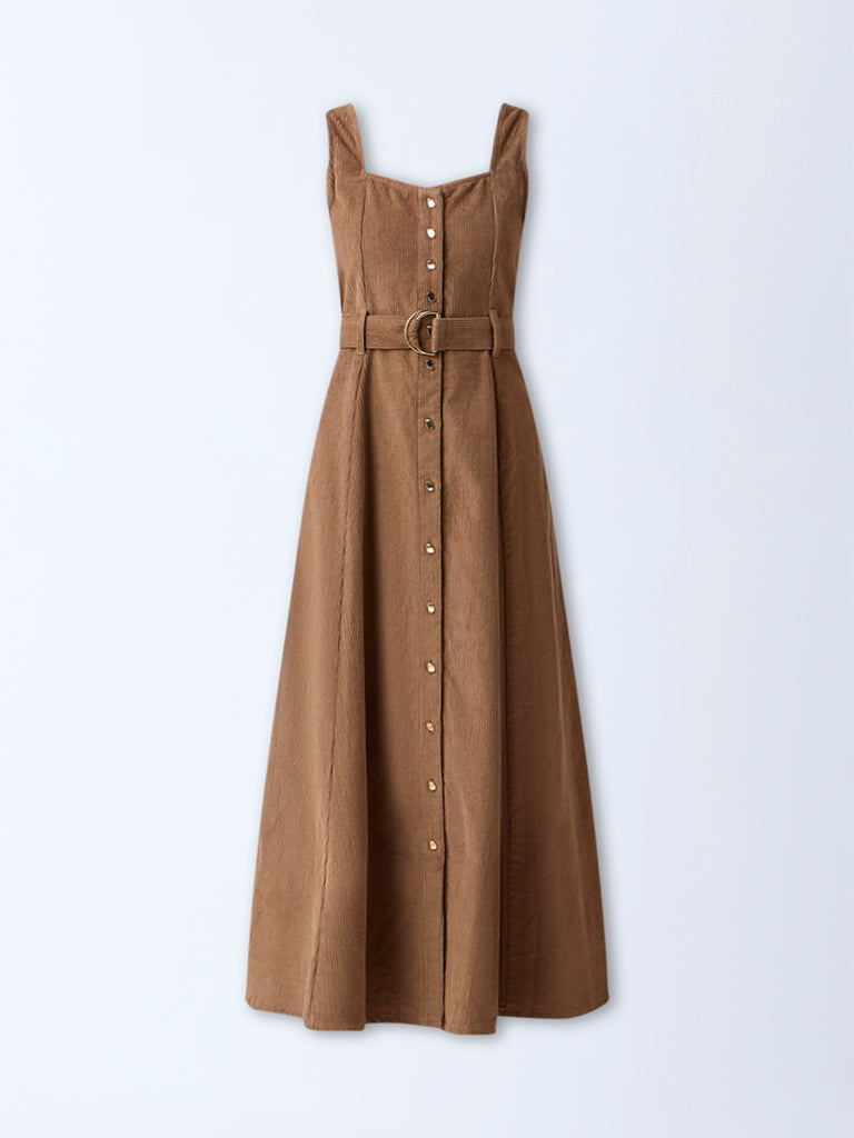 LOV Tan Corduroy Cotton A-Line Dress
