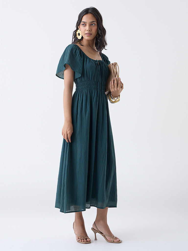 LOV Teal Textured A-Line Dress