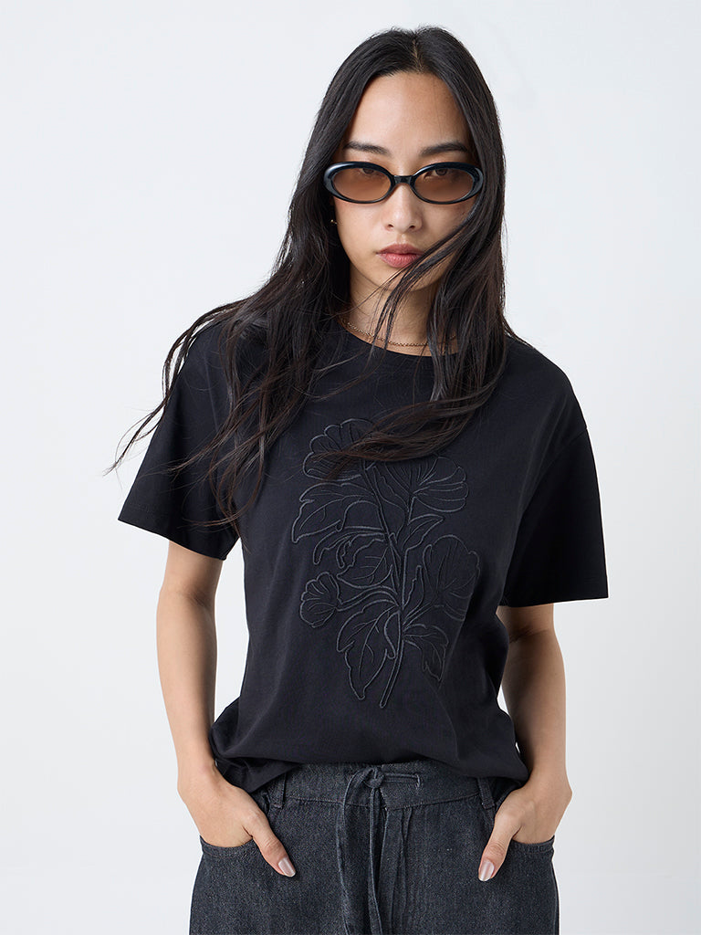 LOV Black Floral Embroidered Cotton T-Shirt