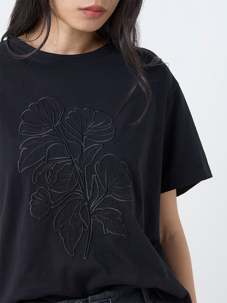 LOV Black Floral Embroidered Cotton T-Shirt