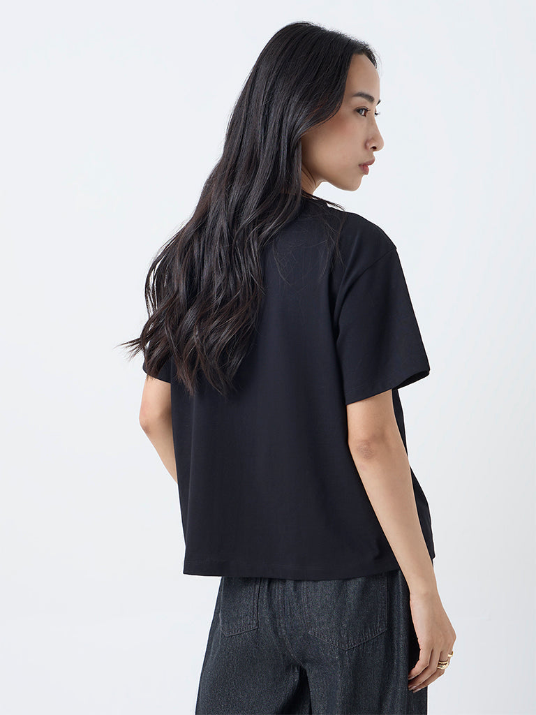 LOV Black Floral Embroidered Cotton T-Shirt